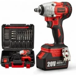 Clé à Chocs Sans Fil Brushless TEENO, 320Nm Boulonneuse A Choc Avec 3.0Ah Batterie, Boulons De Roue, Boîte Avc 25pcs Accessoires (Une Batterie)