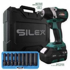 Clé à Chocs 20V Sans Fil Silex® 20V Moteur Brushless (1 X 4.0Ah Batterie Lithium ) + 9 Douilles à Choc