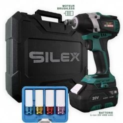 Clé à Chocs 20V Sans Fil Silex® 20V Moteur Brushless (1 X 4.0Ah Batterie Lithium ) + 4 Douilles à Choc Pour Jantes Alu
