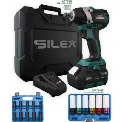 Clé à Chocs 20V Sans Fil Silex® 20V Moteur Brushless (1 X 4.0Ah Batterie Lithium ) + 6 Douilles Pour Jantes + 10 Douilles à Choc
