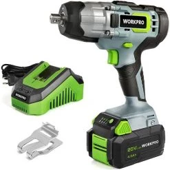 WORKPRO Clé à Choc Sans Fil 20V, Boulonneuse à Choc Electrique (300Nm / Vitesse Variable), Avec Batterie 4,0Ah Et Chargeur, Y Compris Lumières LED