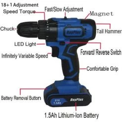 DAY PLUS Perceuse Visseuse Sans Fil, DayPlus RapiChargeur (45Nm), 1.5Ah Battey 21V, 2 Vitesses, Lampe Travail à LED 10 DAY PLUS Perceuse Visseuse Sans Fil, DayPlus RapiChargeur (45Nm), 1.5Ah Battey 21V, 2 Vitesses, Lampe Travail à LED -Clé Soldes Magasin 43458691 4