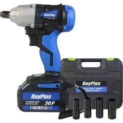 DAY PLUS Clé à Chocs Sans Fil Tournevis 1/2 Pouce 18V 420N.m Couple élevé Avec Jeu Douilles 14mm 17mm 19mm 22mm, Avec Batterie 6000mAh Li-Ion 3200rpm Vitesse Variable, Avec Boîte Transport
