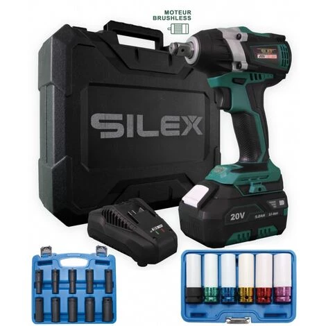 Clé à Chocs 20V Sans Fil Silex® 20V Moteur Brushless - Batterie 6.0Ah + 6 Douilles Pour Jantes + 10 Douilles à Choc 3 Clé à Chocs 20V Sans Fil Silex® 20V Moteur Brushless - Batterie 6.0Ah + 6 Douilles Pour Jantes + 10 Douilles à Choc
