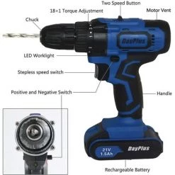 Visseuse Devisseuse Sans Fil, Day Plus 2x1500mAh Batteries 21V Perceuse Electrique, 45Nm Percussion Sans Fil, 18 + 1 Réglages Couple & 2 Vitesses Perceuse Visseuse Sans Fil 8 Visseuse Devisseuse Sans Fil, Day Plus 2x1500mAh Batteries 21V Perceuse Electrique, 45Nm Percussion Sans Fil, 18 + 1 Réglages Couple & 2 Vitesses Perceuse Visseuse Sans Fil -Clé Soldes Magasin 45725457 2