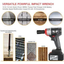 NANWEI 380 Nm 4.0A Clé à Chocs Sans Fil Moteur Sans Balai 1/2 Et 1/4 Pouce, Kit D'accessoires Standard, 1 Batterie - Kit D'accessoires Standard, 1 Batterie -Clé Soldes Magasin 46497925 4
