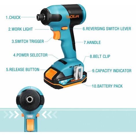 Boulonneuse à Choc Sans Fil 18V TACKLIFE 180Nm, 2800 IPM Taux D'Impact Max, 2.0Ah Batterie, Mandrin De 6.35mm, Charge Rapide TDID20K 4 Boulonneuse à Choc Sans Fil 18V TACKLIFE 180Nm, 2800 IPM Taux D'Impact Max, 2.0Ah Batterie, Mandrin De 6.35mm, Charge Rapide TDID20K – Image 2