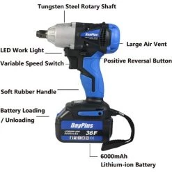 DAY PLUS Clé à Chocs Sans Fil, 21V Boulonneuse A Choc Electrique Avec 1/2'' Chuck, Couple Maximum 420NM, Professional Deboulonneuse A Choc, Pour La Voiture Et La Maison, Bleu -Clé Soldes Magasin 59282179 4