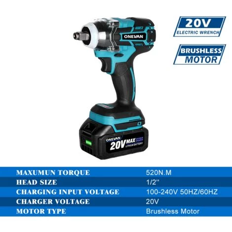 ONEVAN Clé électrique Sans Balais 320N.M. De 1/2 Pouces, 21V, Clé à Chocs Sans Fil, Prise Avec Batterie Li-ion De 3.0Ah, Outil électrique D'installation Portable - 2*batterie+5*douille+1*sac 6 ONEVAN Clé électrique Sans Balais 320N.M. De 1/2 Pouces, 21V, Clé à Chocs Sans Fil, Prise Avec Batterie Li-ion De 3.0Ah, Outil électrique D'installation Portable - 2*batterie+5*douille+1*sac – Image 4