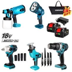 ONEVAN Clé à Chocs électrique, Pistolet à Peinture Sans Fil 800ml, Scie Sabre électrique, Lampe De Poche, Perceuse à Percussion 3 En 1, Pour Outil à Batterie 18v - Perceuse à Percussion Avec 2*batterie+1*sac