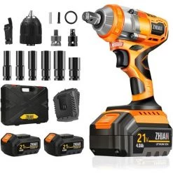 ZHJAN Clé à Choc Sans Fil, 21V Visseuse à Chocs Brushless Avec 4.0Ah Batterie 2pcs, 1/2'' 320 Nm Boulonneuse à Chocs Avec 6pcs Clé à Douille Et Valise