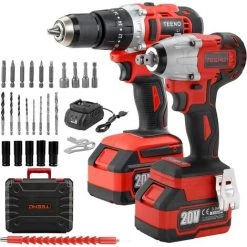 Brushless Clé à Chocs Sans Fil 320Nm, Perceuse A Percussion,TEENO Pack 2 Outils, 2 Batterie 3.0Ah,1 Chargeur, 29 Accessoires, 2 Vitesses, Avec Boite En Plastique - Rouge