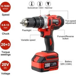 Brushless Clé à Chocs Sans Fil 320Nm, Perceuse A Percussion,TEENO Pack 2 Outils, 2 Batterie 3.0Ah,1 Chargeur, 29 Accessoires, 2 Vitesses, Avec Boite En Plastique - Rouge -Clé Soldes Magasin 60163062 3