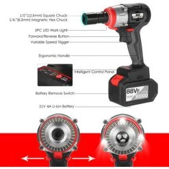 TANCYCO NANWEI Clé à Chocs Sans Fil 380 Nm Moteur Sans Balai 1/2 Et 1/4 Pouce Mandrin Rapide 6.0A Avec Chargeur Rapide Kit D'impact Multifonction à Vitesse Variable Avec Mandrin De Perçage à Clé Et 17 Accessoires,EU Plug 1 Kit D'accessoires De Luxe Pour Batterie -Clé Soldes Magasin 60221743 2