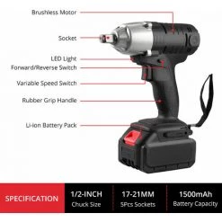 GETLITOOL Clé à Chocs Sans Fil 20 V Avec 1/2 Pouce, Couple Maximal 300 Pi-lb (410 N.m), Batterie Li-ion 1,5A Visseuse Clé à Choc Percussion Vitesse -Clé Soldes Magasin 61048284 4