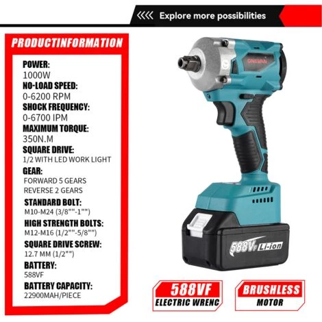 ONEVAN Clé électrique Sans Balais 18V, 350 N.m, Couple Réglable, 7 Vitesses, Sans Fil, Outil électrique 4 ONEVAN Clé électrique Sans Balais 18V, 350 N.m, Couple Réglable, 7 Vitesses, Sans Fil, Outil électrique – Image 2