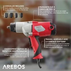 AREBOS Cle A Choc 1100 W | Clé A Chocs Electrique | Boulonneuse A Choc | 450 Nm | 2200 Rpm | Poignée Antidérapante Soft Grip | Mécanisme De Frappe à Marteau | 4 Prises Incluses - Rouge -Clé Soldes Magasin 7557574 3